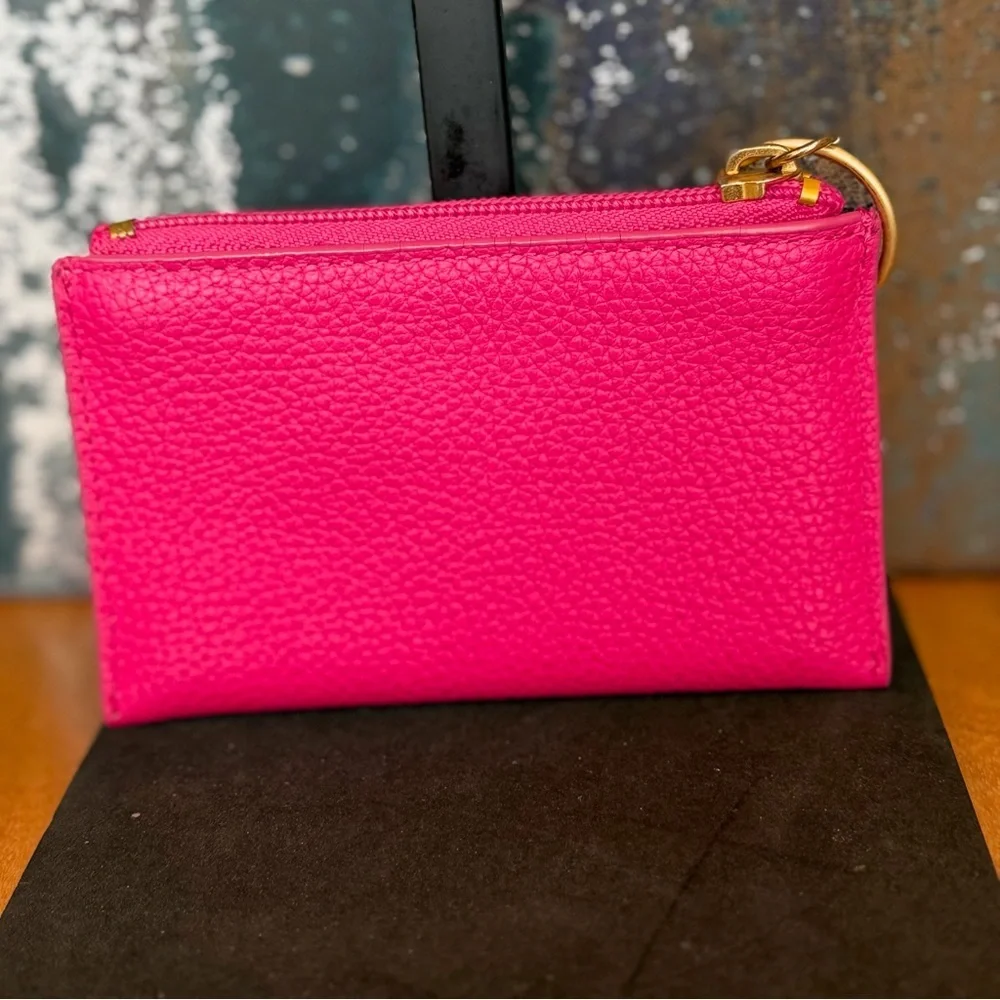 J.Crew Barbiecore Hot Pink Studded Leather Card Case & Key Ring (EUC)